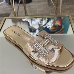 Nikki Gold Slide Sandals with Rhinestone Detail